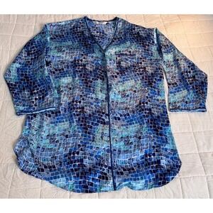Victoria's Secret‎ Y2K Blue Mosaic Button Down Pajama Sleep Shirt M